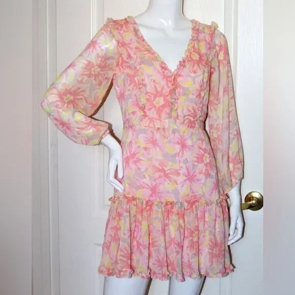 LIKELY | Mia Dress in Peach/ Pink Floral Mini Ruffle Dress Size 6 - Picture 3 of 6